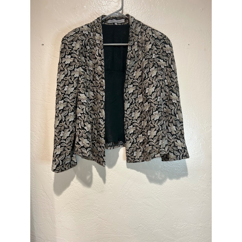 Anne Klein New York Womens 4 Silk Lined Floral Embroidered Metallic Jacket Black